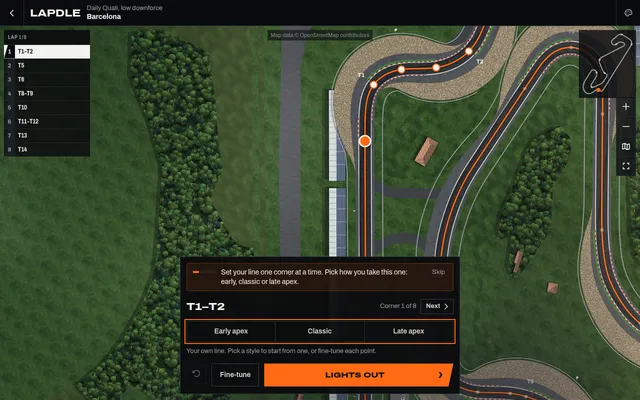 Lapdle's Daily Quali at Barcelona, low downforce: the racing line drawn over T1 and T2 from above, the corner list and the early, classic or late apex choice