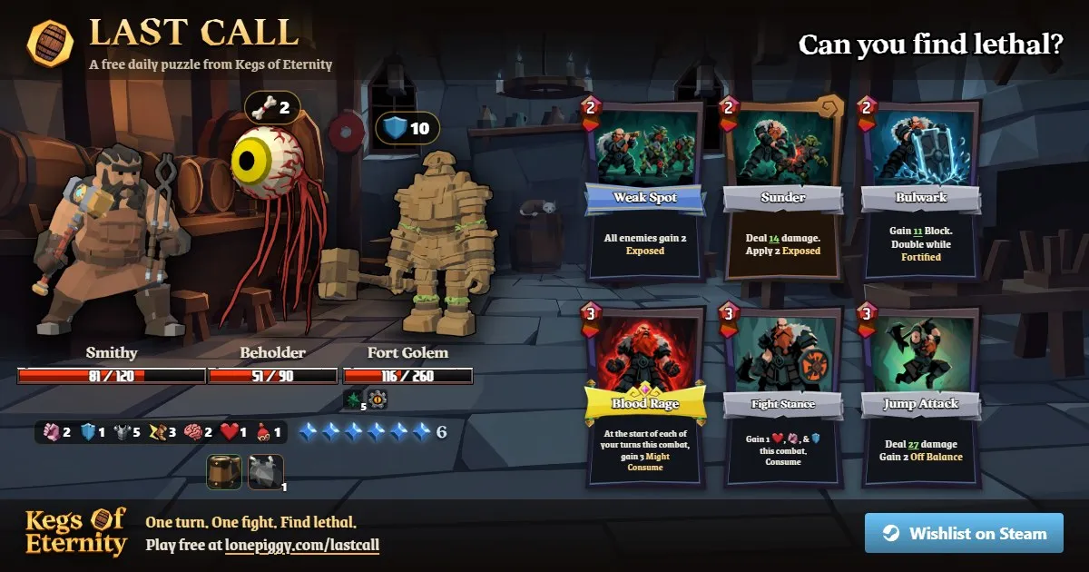 Last Call share image: a dwarf against a Beholder and a Fort Golem with six cards beside them, under the words Can you find lethal?