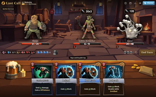 Last Call #3: the dwarf Sleepy faces a Goblin Berserker and a Gazer in the tavern, with a hand of Careless Attack, Defend, Hold Fast and Bulwark cards