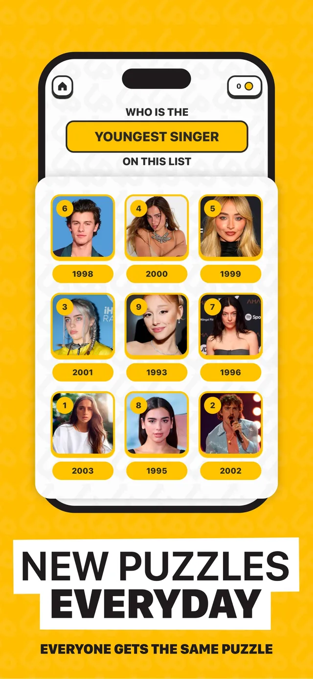 A Last One Standing board asking who is the youngest singer on the list, with nine celebrity photos and their birth years