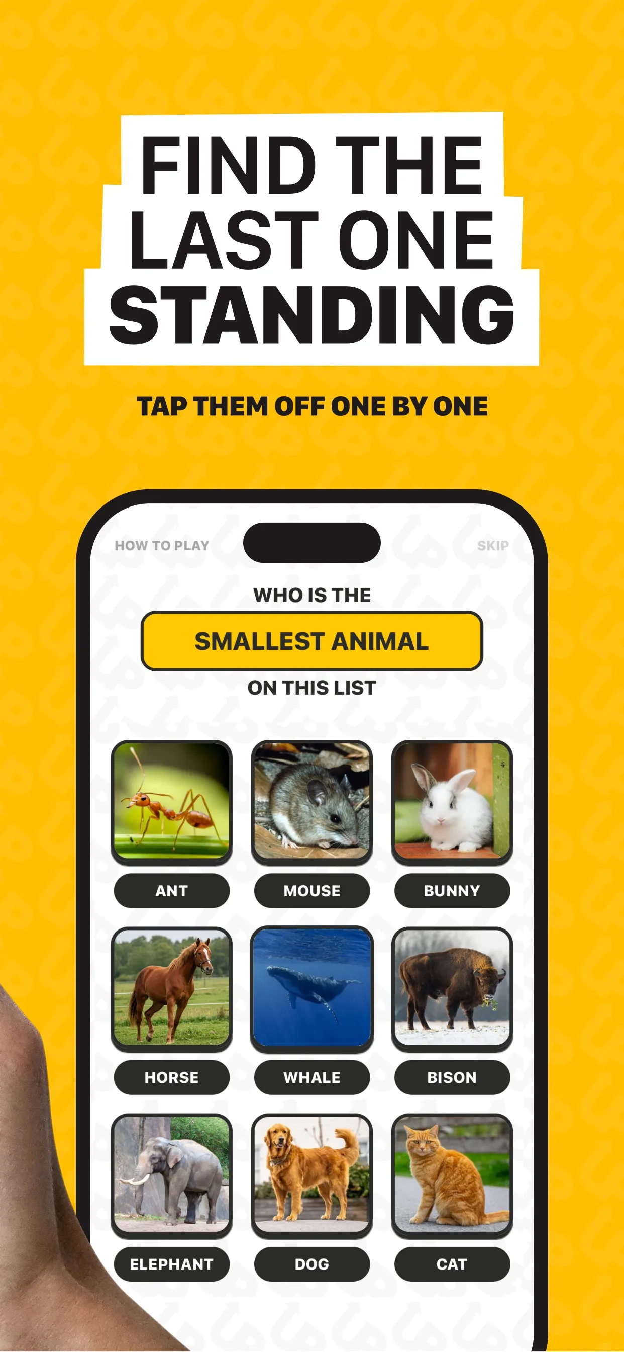 The Last One Standing tutorial board asking for the smallest animal among nine animal photos