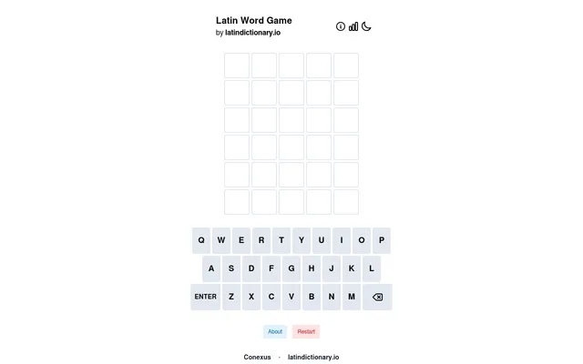 Latin Word Game by latindictionary.io: an empty grid of six rows of five tiles above a keyboard, with About and Restart buttons and links to Conexus