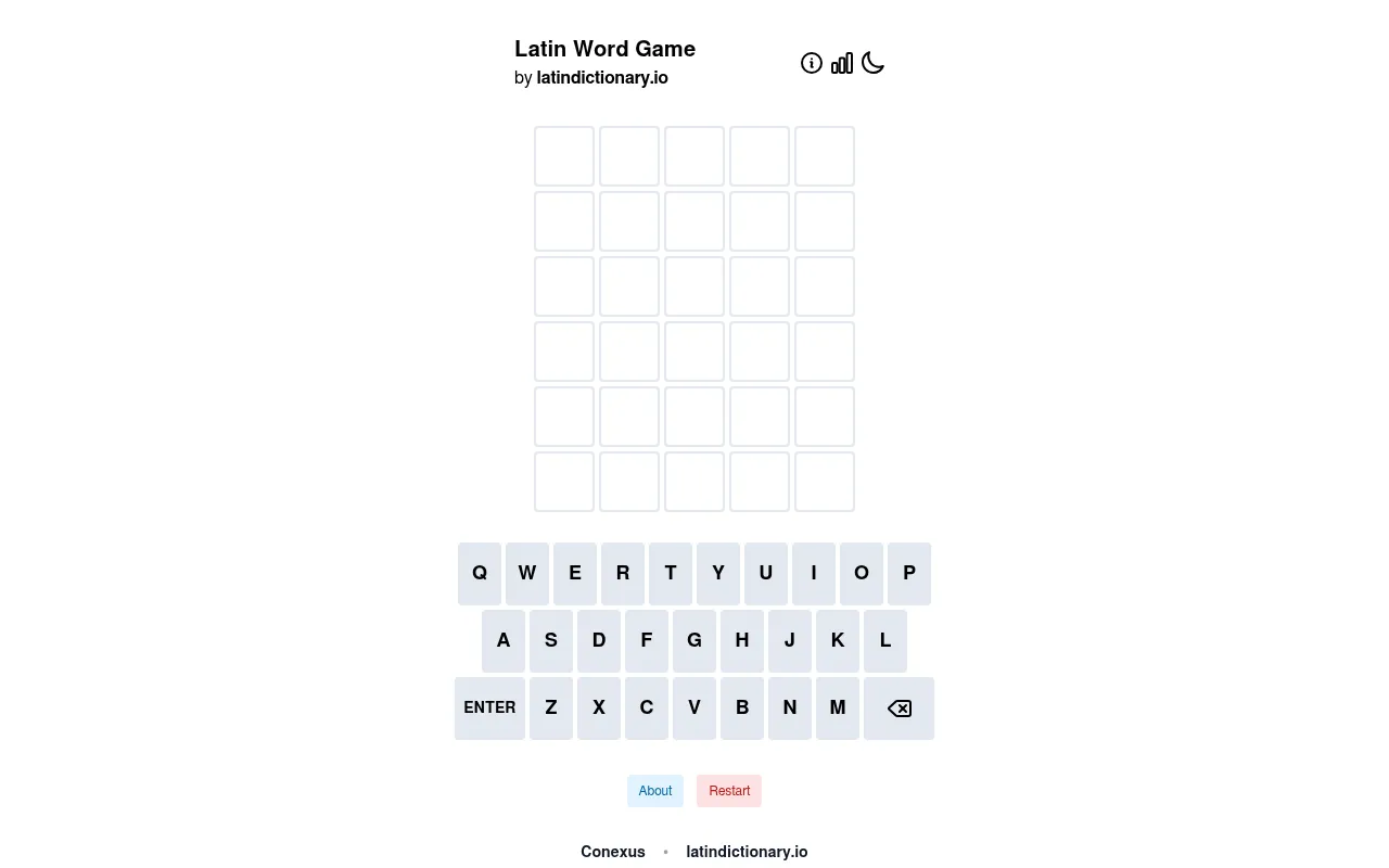 Latin Word Game by latindictionary.io: an empty grid of six rows of five tiles above a keyboard, with About and Restart buttons and links to Conexus