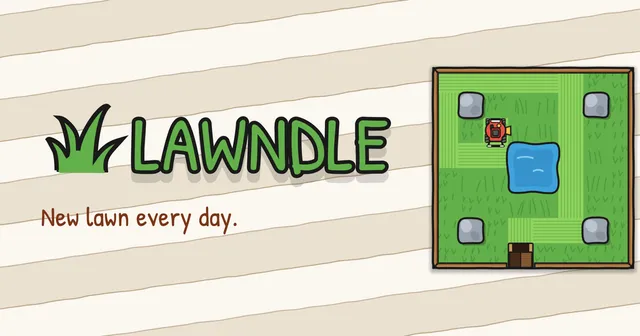 The Lawndle logo with the words 'New lawn every day' beside a small lawn with a red mower, a pond, four rocks and a shed
