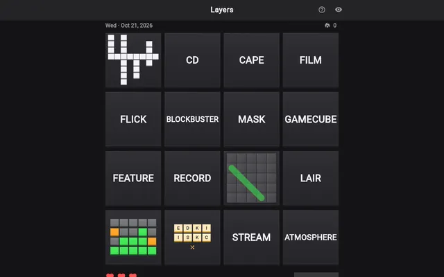 Layers board for Wed, Oct 21, 2026 in the browser: twelve word tiles such as CAPE, FILM and GAMECUBE, and four locked mini-game tiles (crossword, word search, LetterLock, anagram)