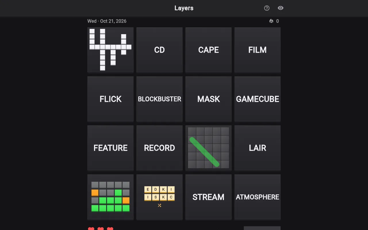 Layers board for Wed, Oct 21, 2026 in the browser: twelve word tiles such as CAPE, FILM and GAMECUBE, and four locked mini-game tiles (crossword, word search, LetterLock, anagram)