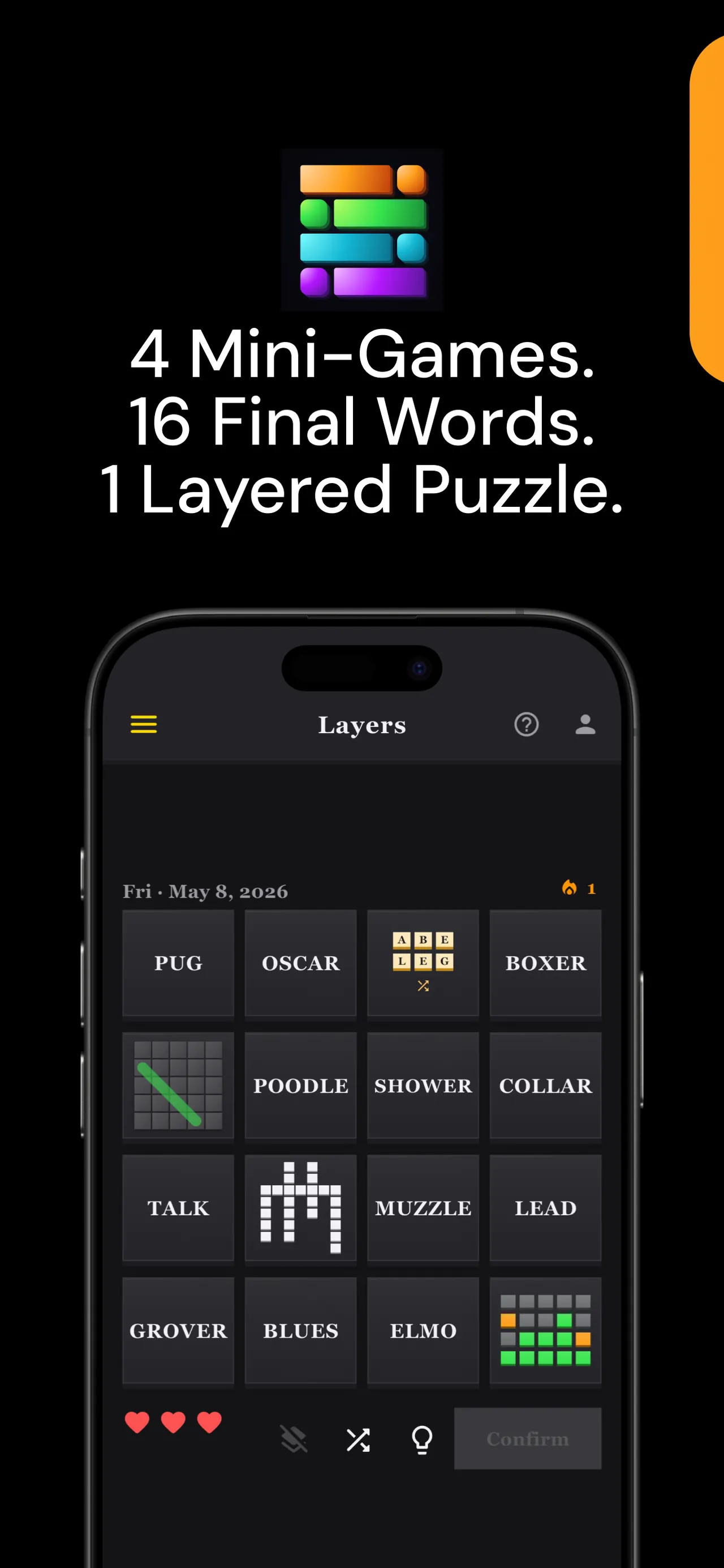 Layers board with sixteen tiles, four of them locked mini-games (letter tiles, word search, crossword and a colour grid), under the line 4 Mini-Games. 16 Final Words. 1 Layered Puzzle.