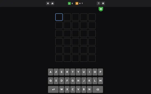 Le Mot game screen on a dark background: an empty grid of six rows of five letter boxes under the Le Mot title, above an AZERTY keyboard