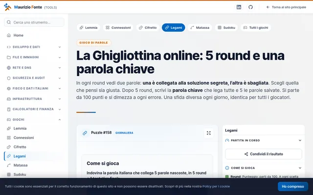 Legami (Maurizio Fonte) page with Puzzle #158 open on its start card explaining how to play, under the heading La Ghigliottina online: 5 round e una parola chiave