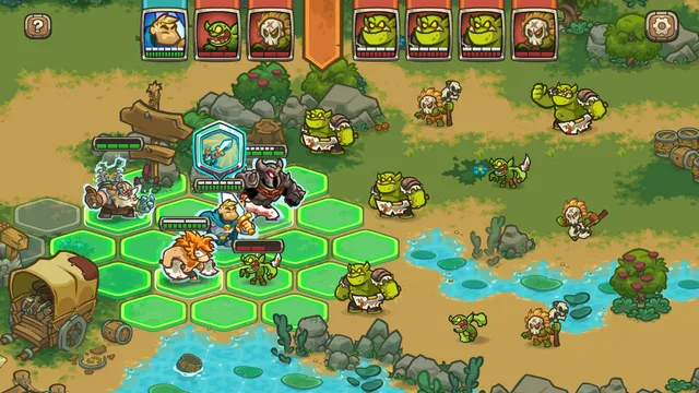 Legends of Kingdom Rush screenshot of a turn-based battle between heroes and enemies on a hex grid