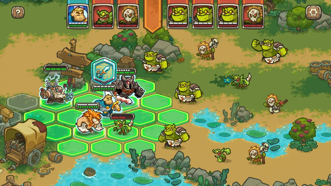 Legends of Kingdom Rush screenshot of a turn-based battle between heroes and enemies on a hex grid