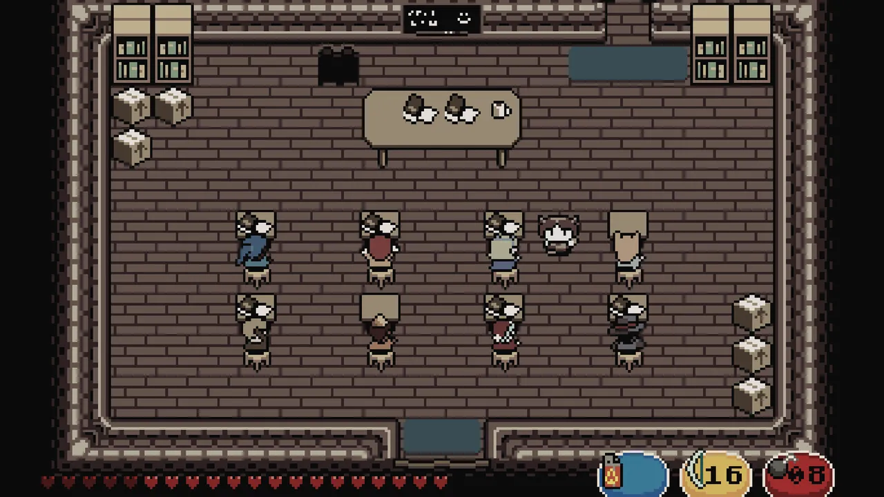 Lenna's Inception in its 8-bit style: a classroom of desks and pupils, with hearts, arrows and bombs counted along the bottom