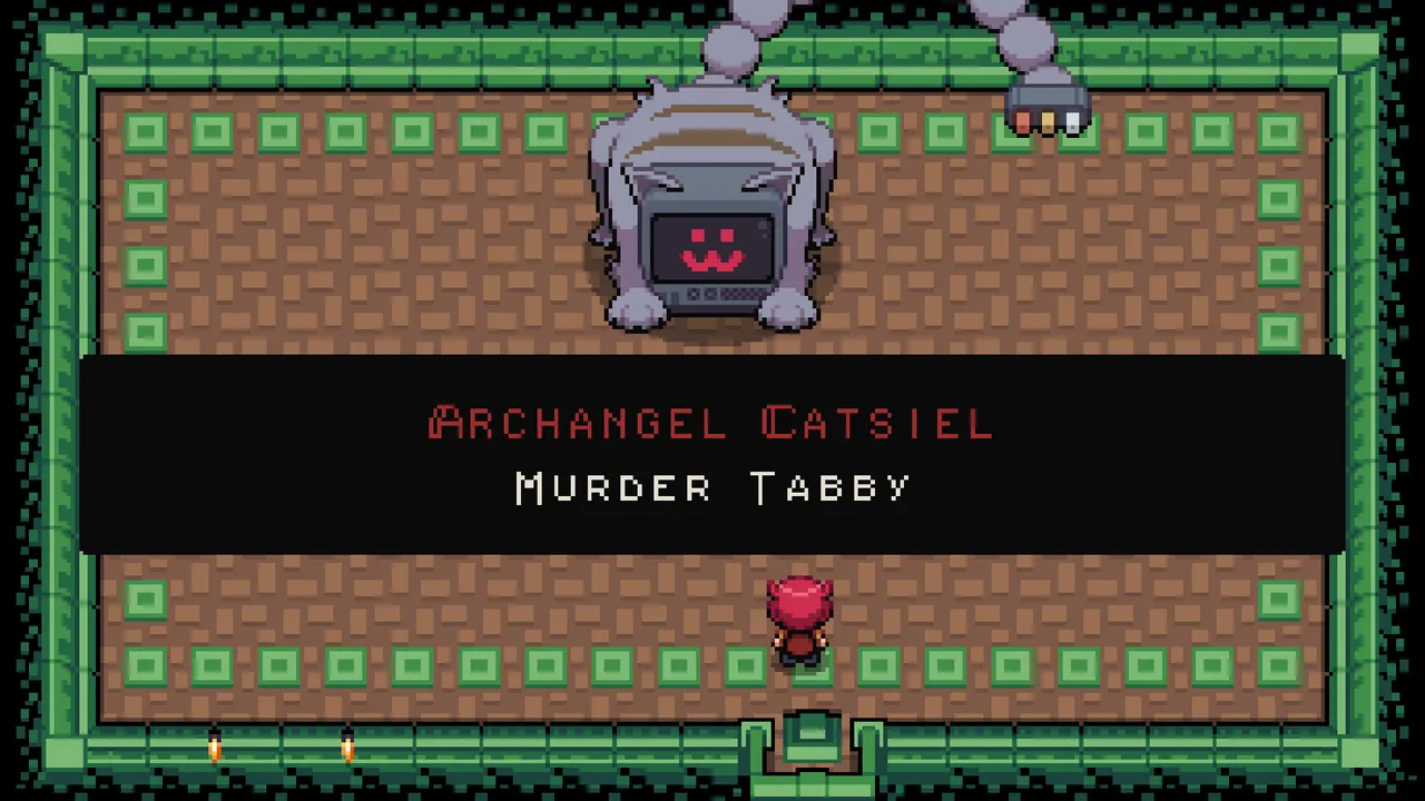 Lenna's Inception dungeon boss room: Lenna faces Archangel Catsiel, a grey cat with a TV screen face, named on a black banner