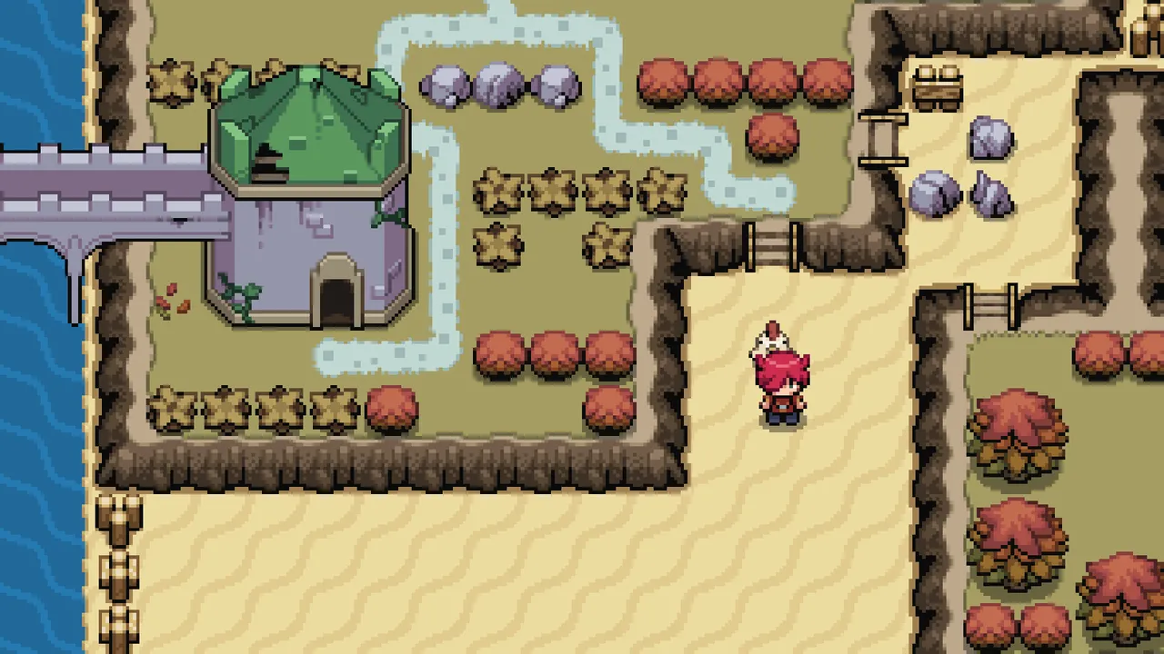 Lenna's Inception overworld: red-haired Lenna with a chicken on her head next to a green-roofed tower, bushes and a bridge