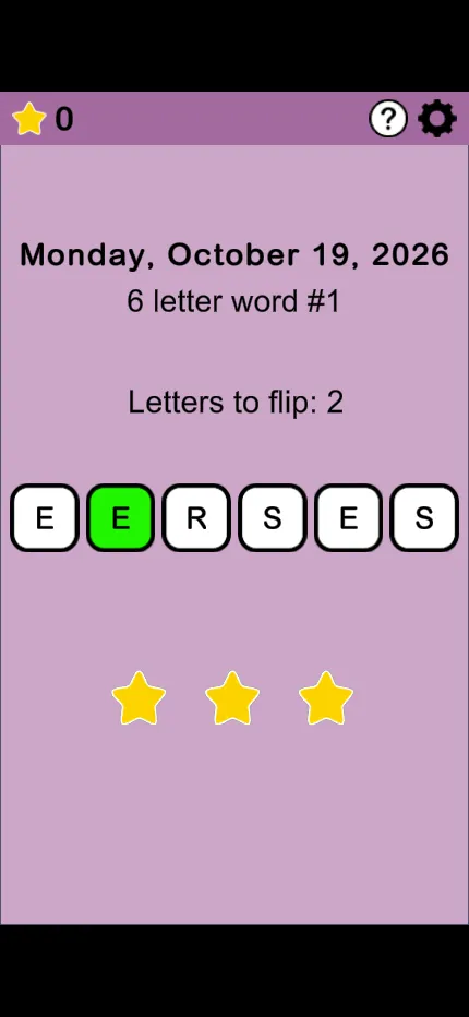 Let 'er Flip at phone size on October 19, 2026: the same six-letter board with one green flipped tile, filling the narrow screen