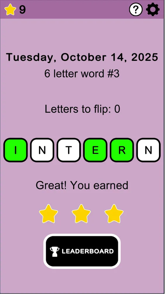 A solved Let 'er Flip word, INTERN, under the date Tuesday, October 14, 2025, with three stars earned
