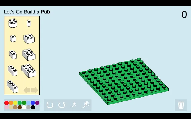 Let's Go Build A ____ build screen for the 21 October 2026 daily prompt, a Pub: brick palette, colour swatches, rotate and zoom buttons, an empty green baseplate and a brick count of 0