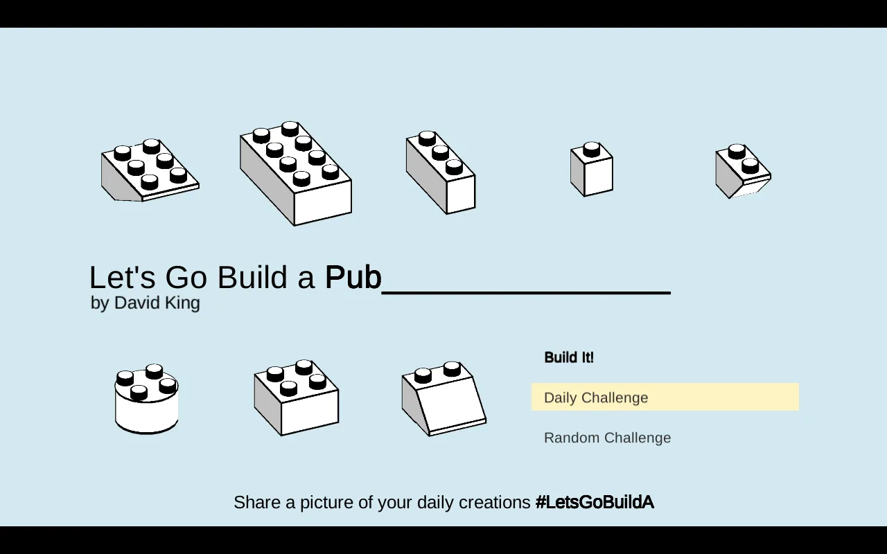 Let's Go Build A ____ title screen after Daily Challenge is pressed, showing the day's prompt Let's Go Build a Pub with a Build It! button