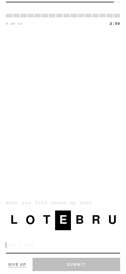 Letters·7 at phone size: the seven-letter panel with the compulsory E in black, the word box and Submit button, and the 16-word progress bar