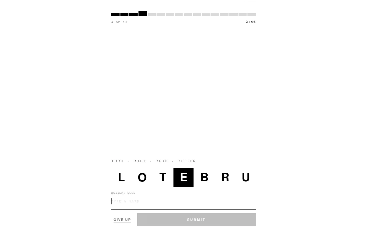 Today's Letters·7 board in play: the panel L O T E B R U with E compulsory in black, four words found (TUBE, RULE, BLUE, BUTTER), 4 of 16 and 2:46 left