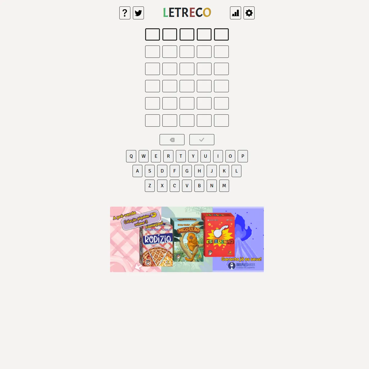 Letreco game screen with an empty six-row grid and the on-screen keyboard