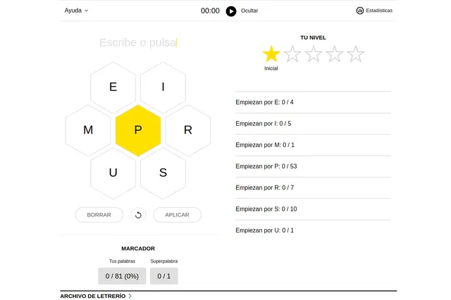 Letrerío's seven-letter honeycomb with the yellow centre letter P, the level stars, word counts by first letter and the score of words found