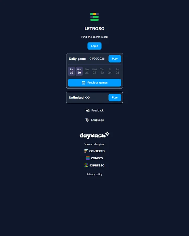 Letroso's home screen: the daily game for the date, the days of the week, Previous games and an Unlimited mode