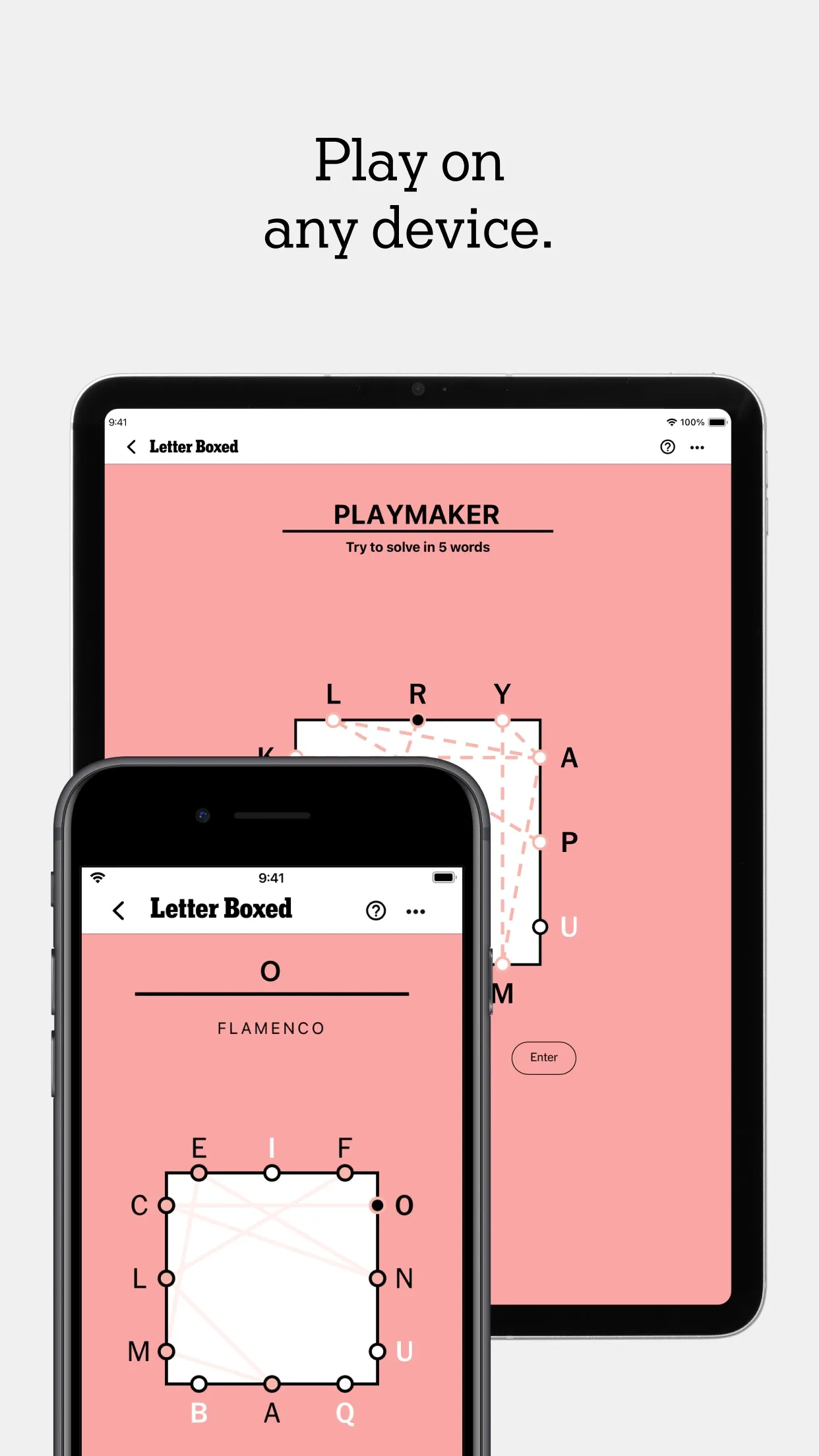 Letter Boxed on an iPad and an iPhone: the iPad shows the solved word PLAYMAKER with dashed lines joining letters around the square, the iPhone the word FLAMENCO being traced, under the line Play on a