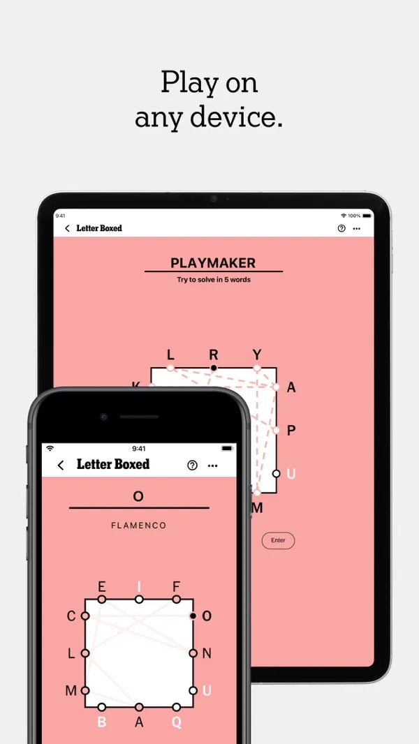 Letter Boxed on an iPad and an iPhone, with lines joining the letters around the square
