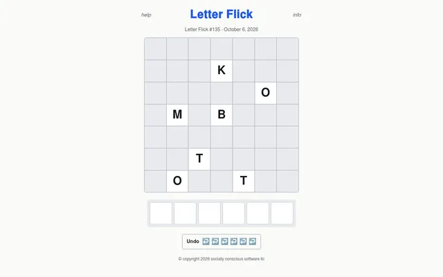 Letter Flick #135 for October 6, 2026: seven letter tiles scattered on a seven by seven grid above an empty six-letter word bar and six undo arrows