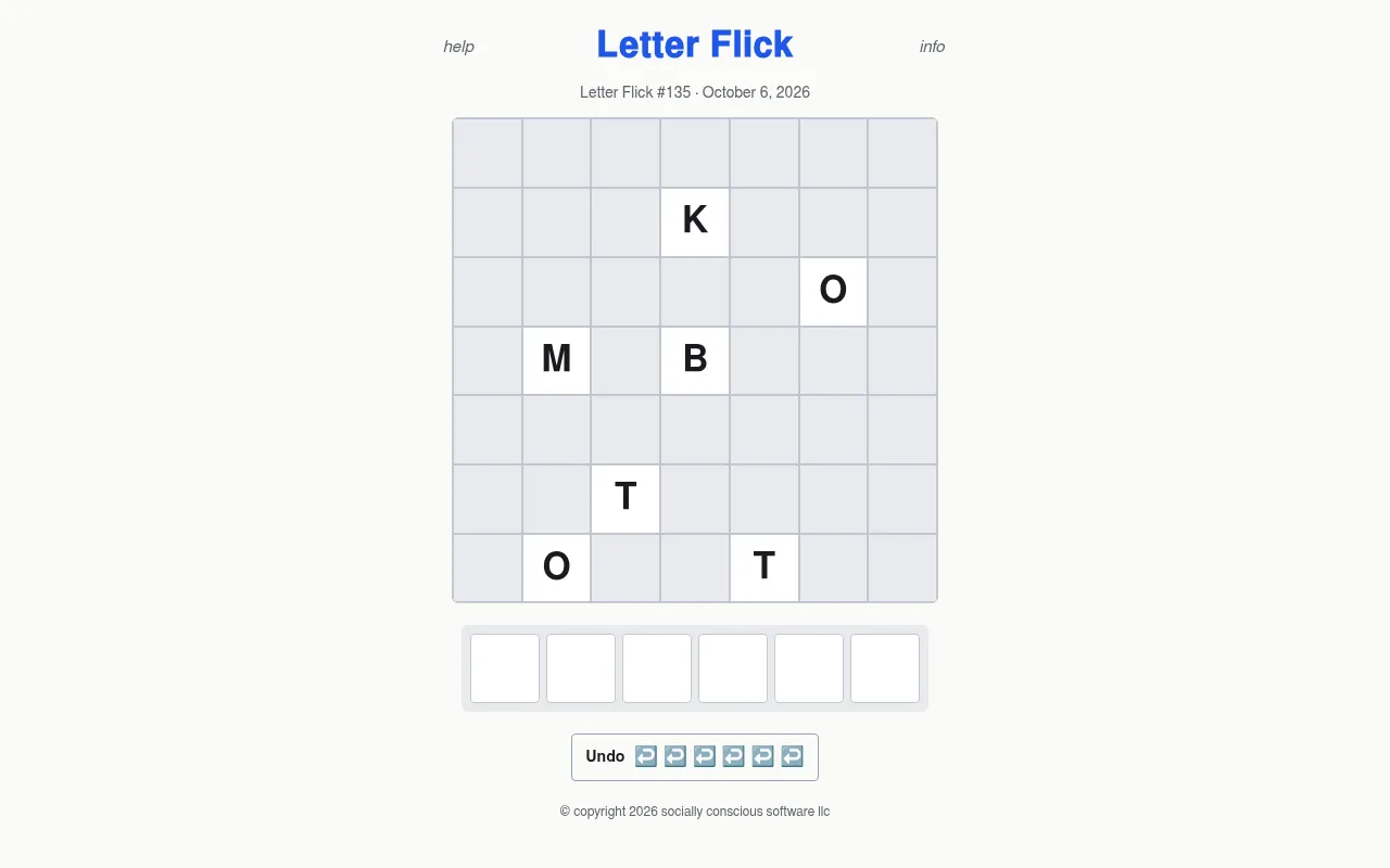 Letter Flick #135 for October 6, 2026: seven letter tiles scattered on a seven by seven grid above an empty six-letter word bar and six undo arrows