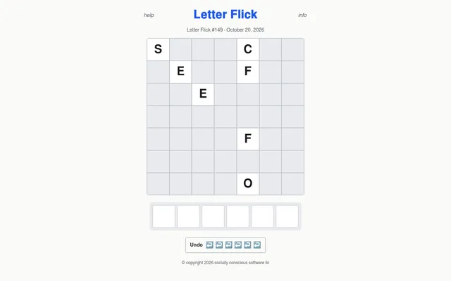Letter Flick #149 for October 20, 2026: seven letter tiles (S, C, E, F, E, F, O) on a seven by seven grid above an empty six-letter word bar and six undo arrows