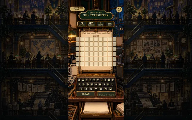 Letter Grid's Typesetter board for 7 Oct 2026: an empty grid of six rows of nine tiles, 0/6 guesses, an on-screen keyboard with Clear and Pull Press, in a print shop scene