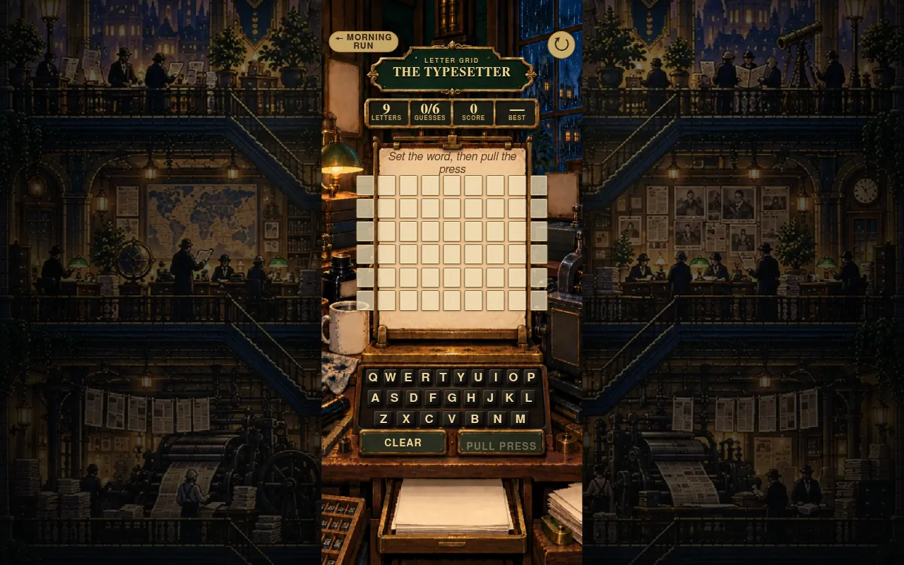 Letter Grid's Typesetter board for 7 Oct 2026: an empty grid of six rows of nine tiles, 0/6 guesses, an on-screen keyboard with Clear and Pull Press, in a print shop scene