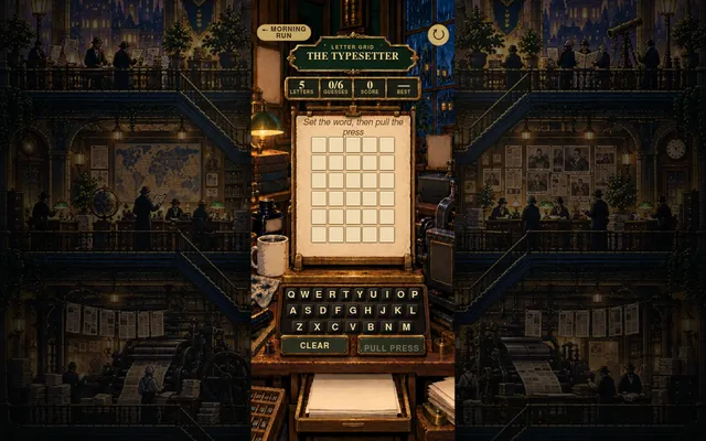 Letter Grid's Typesetter board for 18 Oct 2026: six empty rows of five tiles, 0/6 guesses, an on-screen keyboard with Clear and Pull Press, in a print shop scene