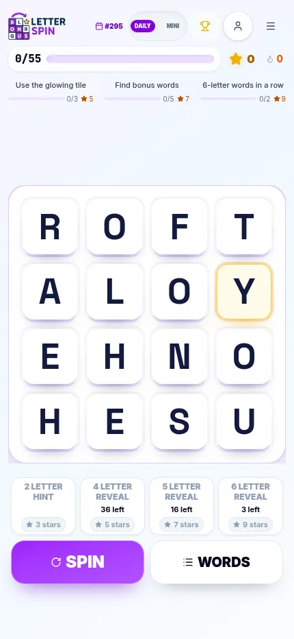 Letter Spin Daily #295 at phone size: the 4x4 grid, the day's three challenges, hint and reveal buttons, and the Spin and Words buttons