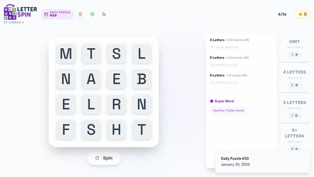 Letter Spin Daily Puzzle #30: a 4x4 letter grid with a Spin button, lists for 4, 5 and 6-letter words, a Super Word slot and star-priced hints