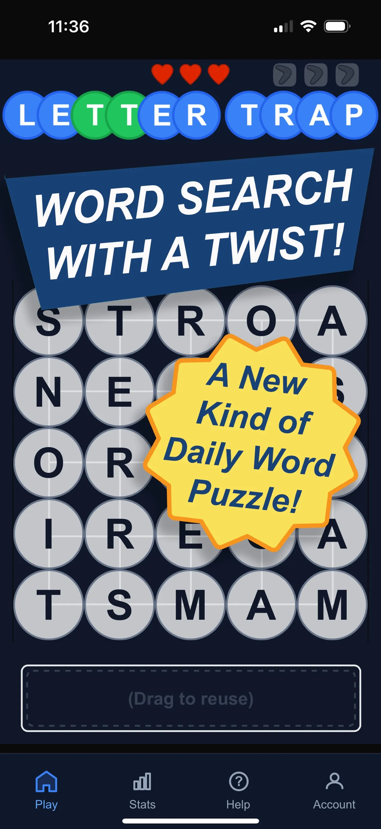 Letter Trap 5x5 letter grid with three hearts above and a banner calling it a word search with a twist