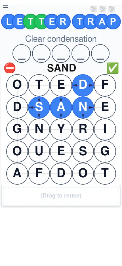 Letter Trap puzzle of 19 October 2026 on a phone: hint Clear condensation over five blank letters, a 5x5 grid with S, A, N and D picked to spell SAND, and buttons to clear or submit