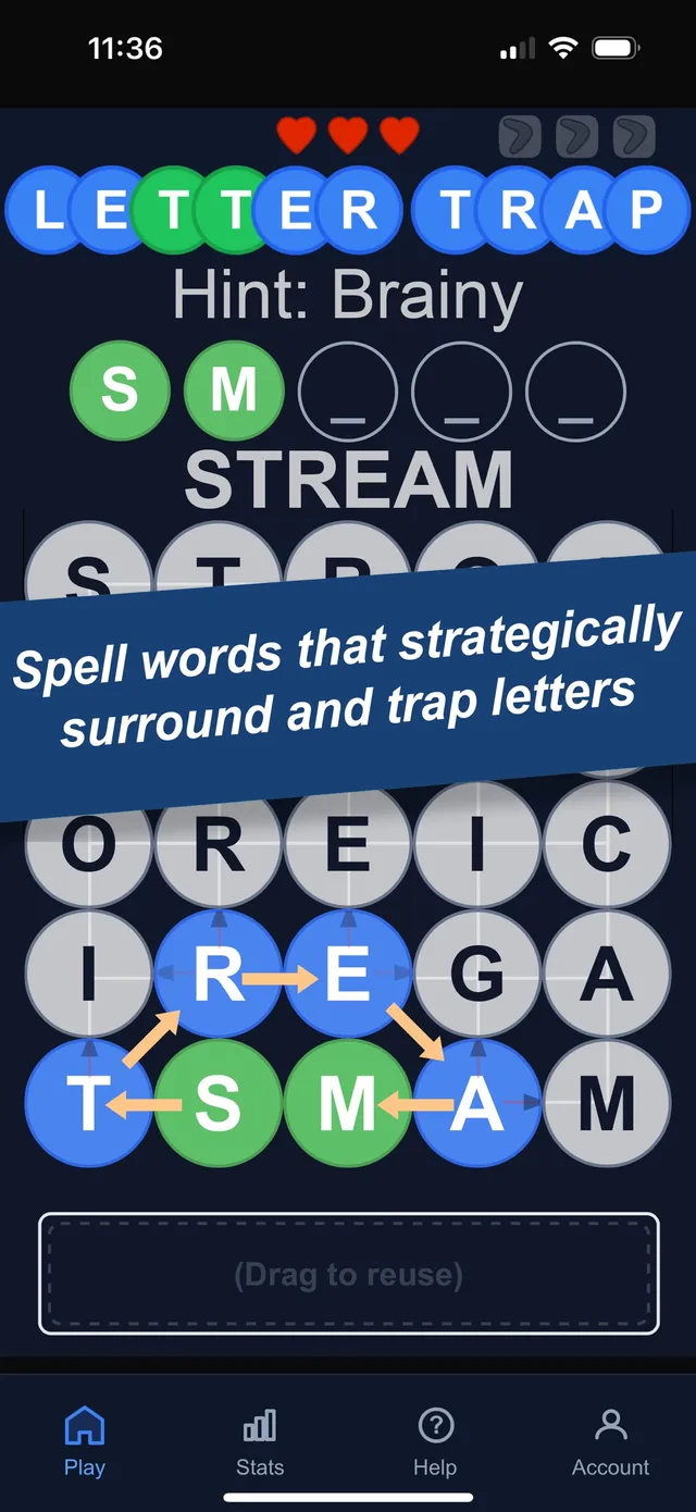 Letter Trap puzzle with the hint Brainy, the word STREAM traced on the grid and the letters S and M trapped in green