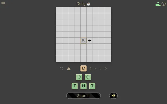 Letteracy's daily game: a 9x9 grid with the starting letter R and a direction arrow, above a pyramid of letter tiles with M on top, O and O in the middle and T, H and T at the bottom, and a Submit but