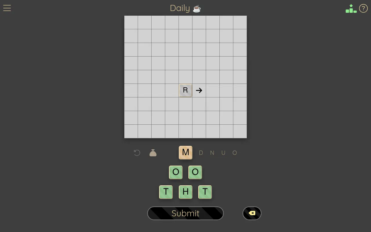 Letteracy's daily game: a 9x9 grid with the starting letter R and a direction arrow, above a pyramid of letter tiles with M on top, O and O in the middle and T, H and T at the bottom, and a Submit but