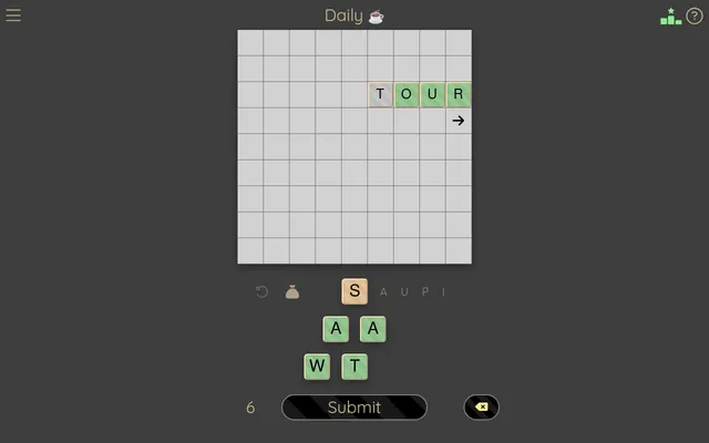 Letteracy's Daily game for 21 October 2026: TOUR played across from the starting T on a 9x9 grid, the S top tile with A U P I queued, vowels A A and consonants W T below, 6 points