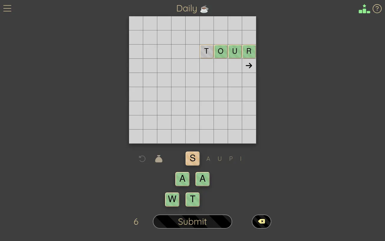 Letteracy's Daily game for 21 October 2026: TOUR played across from the starting T on a 9x9 grid, the S top tile with A U P I queued, vowels A A and consonants W T below, 6 points