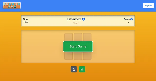 Letterbox start screen with an empty three-column grid, a timer and a Start Game button