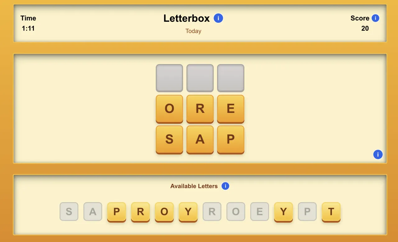 A Letterbox board in play on a weekday: the 3x3 grid partly filled with O R E and S A P, the timer and score above, and the day's letter bank below.