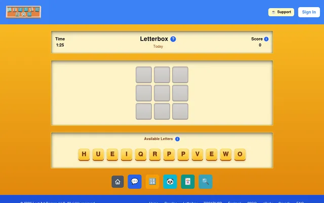 Letterbox in play for today: an empty 3x3 grid to fill with words, the timer at 1:25 and score 0, and the day's twelve available letters (H, U, E, I, Q, R, P, P, V, E, W, O) below