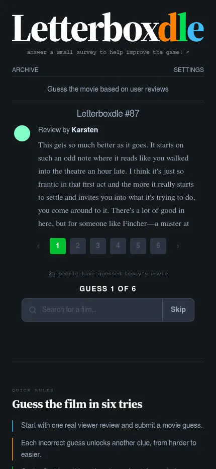 Letterboxdle #87 at phone size: the first review, the six review buttons, the search box and the quick rules below