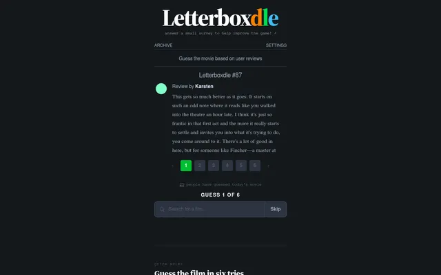 Letterboxdle #87 on a desktop: the first review of today's film, the six numbered review buttons, Guess 1 of 6 and the film search box with Skip
