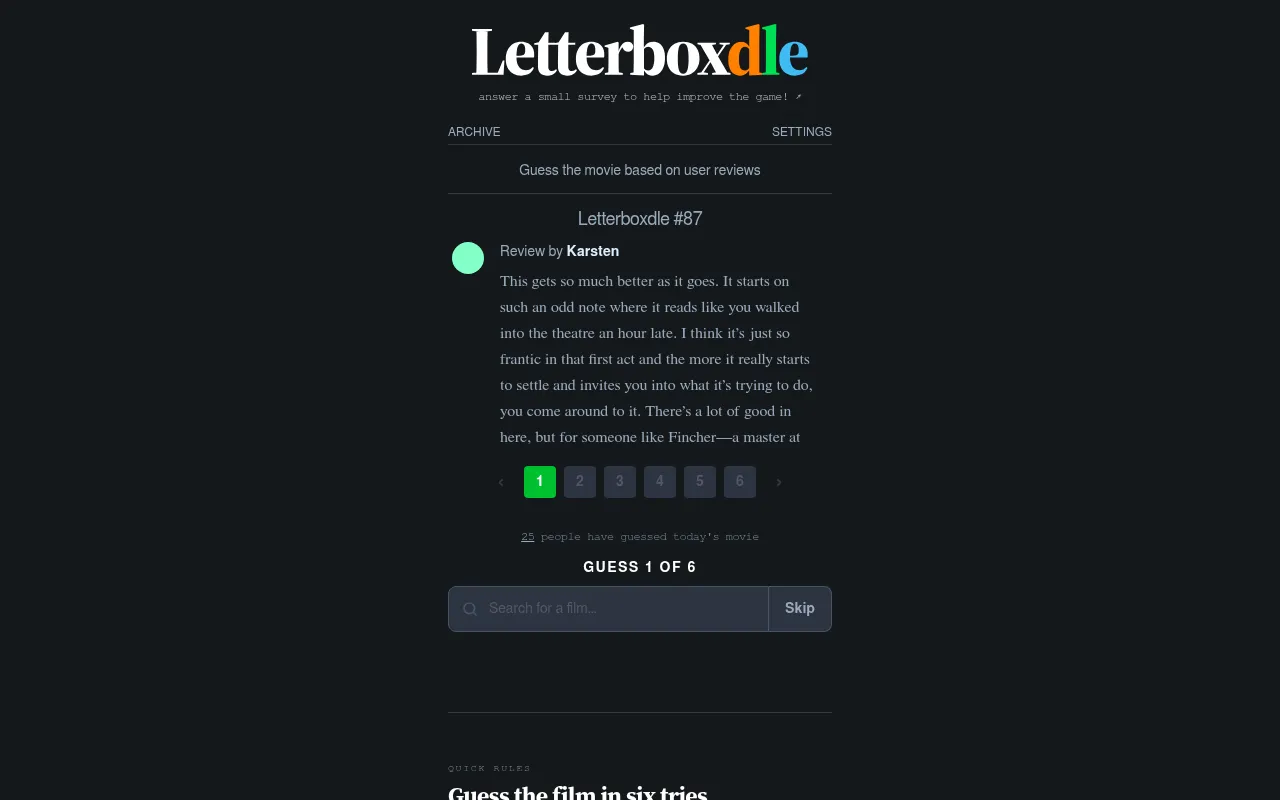 Letterboxdle #87 on a desktop: the first review of today's film, the six numbered review buttons, Guess 1 of 6 and the film search box with Skip